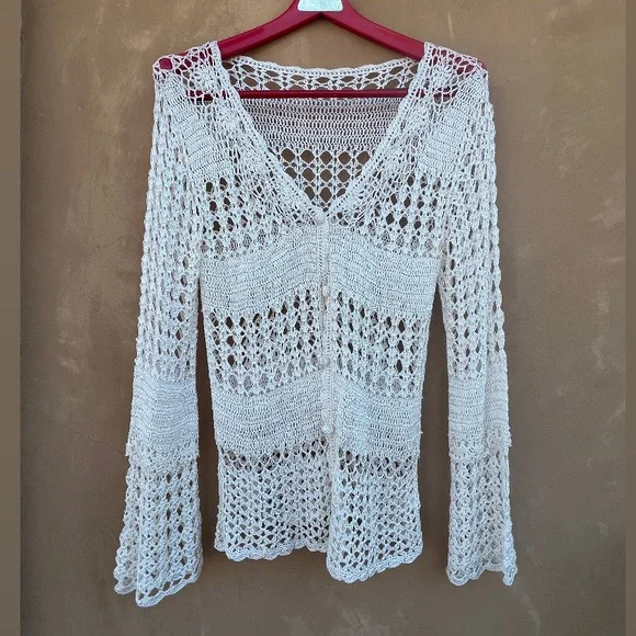 Crochet Cream Cardigan feminine top Small Med - Picture 11 of 11